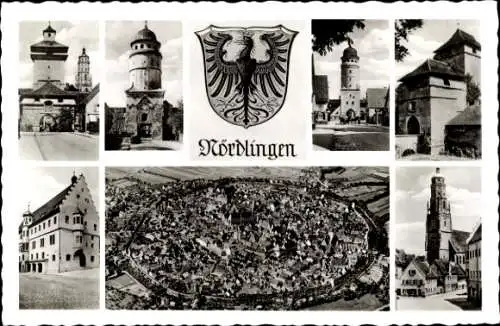 Wappen Ak Nördlingen im Nördlinger Ries Schwaben, Panoramablick auf die Stadt, Kirche, Stadttore