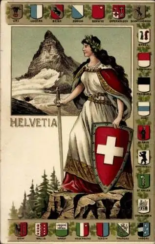 Präge Wappen Litho Helvetia, Schweiz, Matterhorn, Kantonalwappen