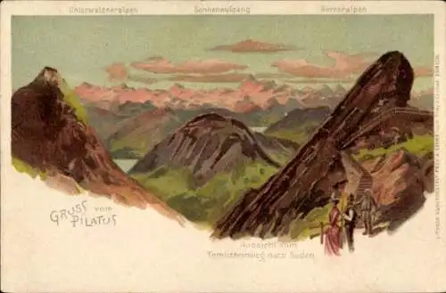 Litho Kt. Luzern, Gruß vom Pilatus, Aussicht vom Tomlishornweg nach Süden