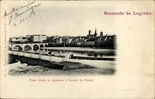 Ak Logroño La Rioja España, Viste desde la carretera y Puente de Piedra