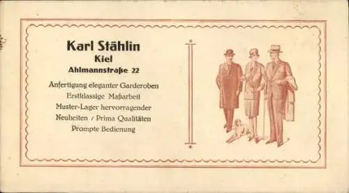 Ak Kiel, Karl Stählin, Ahlmannstraße 22, Anfertigung eleganter Garderoben