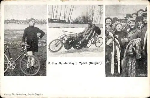 Ak Radrennfahrer Arthur Vanderstuyft, Ypern Belgien, mit Schrittmacher auf der Bahn, Siegerehrung