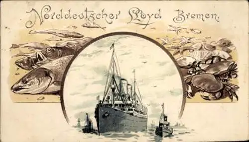 Passepartout Litho Dampfschiff Norddeutscher Lloyd Bremen, Fische, Krabben