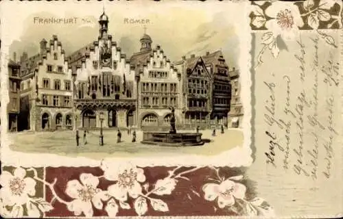 Präge Passepartout Litho Frankfurt am Main, Der Römer, Rathaus, Brunnen, Blumen