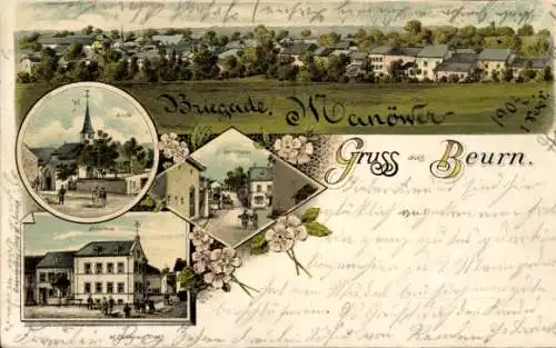 Litho Beurn Beuren Kirf im Kreis Saarburg, Gesamtansicht, Kirche, Dorfstraße, Teilansicht