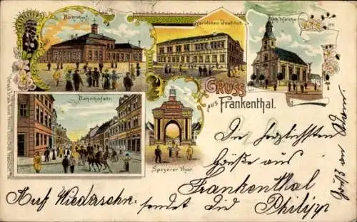 Litho Frankenthal in der Pfalz, Bahnhof, Karolinen Institut, Kath Kirche, Bahnhofstraße, Speyerer Do