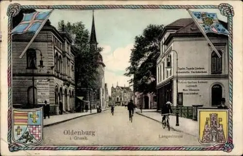 Ak Oldenburg im Großherzogtum Oldenburg, Langestraße, Geschäftshäuser, Wappen, Fahnen