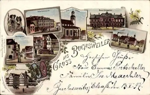 Litho Bouxwiller Buchsweiler Elsass Bas Rhin, Kirche, Gymnasium, Schloss, Wappen, Herrengasse