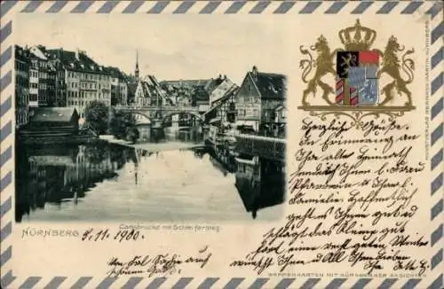 Präge Wappen Passepartout Ak Nürnberg in Mittelfranken, Carlsbrücke, Schleifersteg