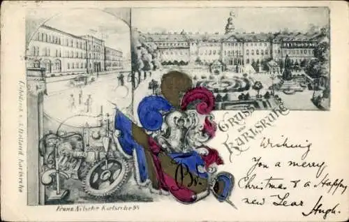 Studentika Ak Karlsruhe, Corps Bavaria, Wappen, Stadtansichten