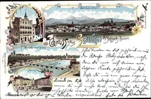 Litho Laufen an der Salzach Oberbayern, Panorama, Rathaus, Marienplatz