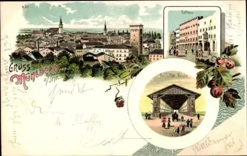 Litho Mühldorf am Inn Bayerisches Alpenvorland, überdachte Maximilian Brücke, Rathaus, Panorama
