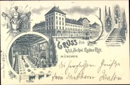 Regiment Litho München Bayern, KB 1. Schw. Reiter Regiment, Kaserne, Treppenaufgang, Kasino