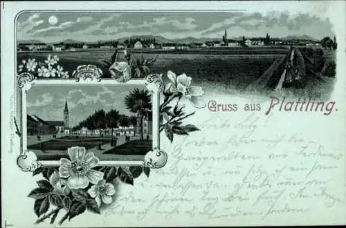 Mondschein Litho Plattling im Gäuboden Niederbayern, Panorama, Markt