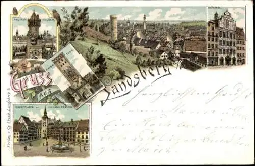 Ak Landsberg am Lech, Mutterturm, Bayertor, Hauptplatz mit Schmalzturm, Rathaus, Panorama 