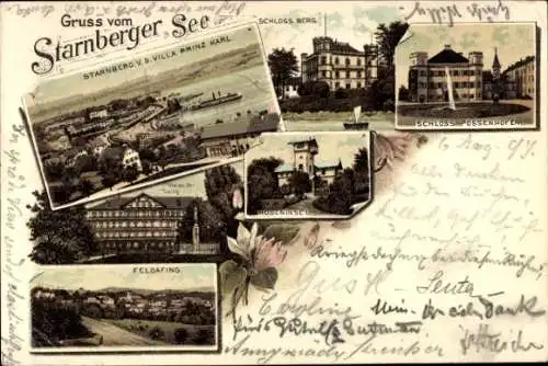 Vorläufer Litho Starnberg in Oberbayern, Schloss Berg, Schlösschen in der Roseninsel, Feldafing,1892