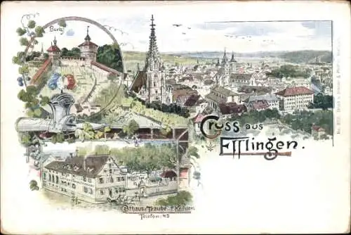Litho Esslingen am Neckar, Gesamtansicht, Gasthaus, Burg