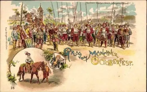 Litho München, Oktoberfest, Ritter, Menschen in Kostümen