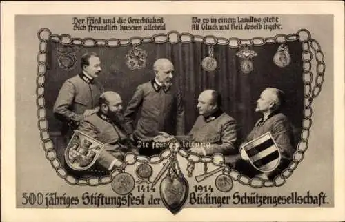 Passepartout Ak 500jähriges Stiftungsfest der Büdinger Schützengesellschaft, Festleitung, Wappen