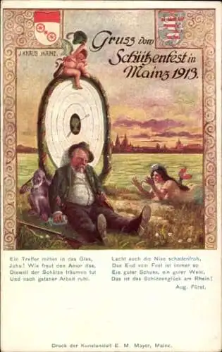 Ak Mainz am Rhein, Schützenfest, Betrunkener Mann, Wappen, Engel, Schießscheibe