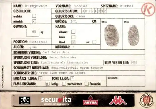 Autogrammkarte Fußballer Tobias Kurbjuweit, FC St. Pauli, Autogramm