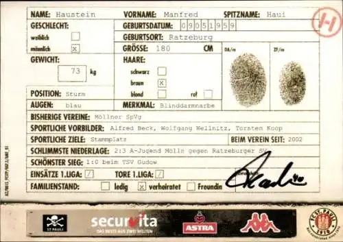 Autogrammkarte Fußballer Manfred Haustein, FC St. Pauli, Autogramm