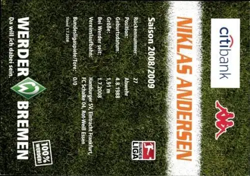 Autogrammkarte Fußballer Niklas Andersen, Werder Bremen, Autogramm