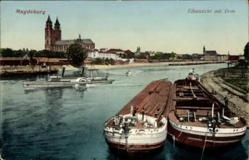 Ak Magdeburg an der Elbe, Elbe, Dom, Lastenschiffe