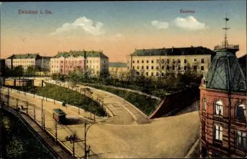 Ak Zwickau in Sachsen, Kaserne, Straßenbahn