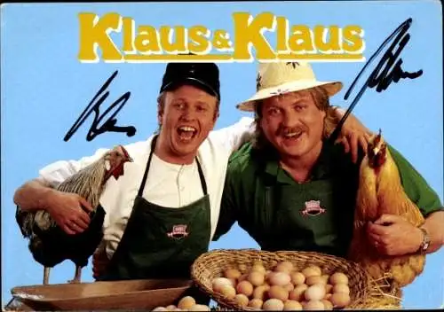 Ak Sänger Klaus und Klaus, Portrait, Hühner, Eier, Autogramme