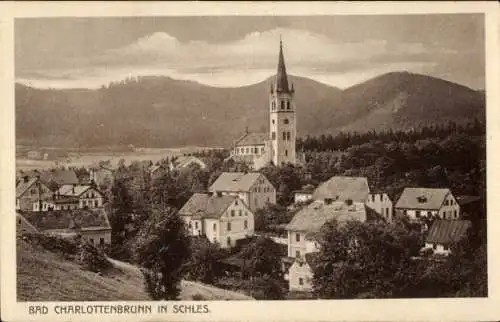 Ak Jedlina Zdrój Bad Charlottenbrunn Schlesien, Gesamtansicht, Kirche