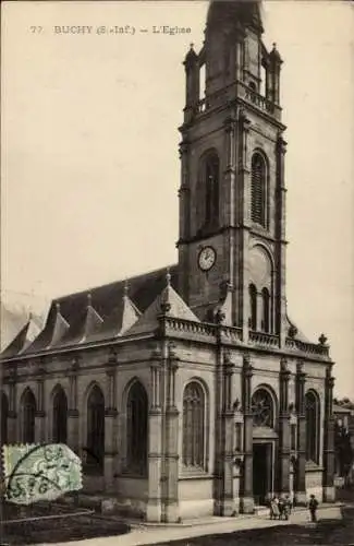 Ak Montérolier Buchy Seine Maritime, Kirchengebäude, Turm mit Uhr, alte Architektur