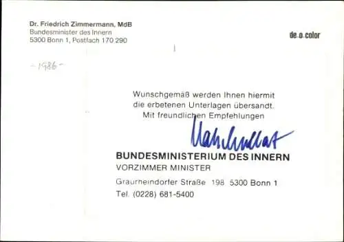 Ak Friedrich Zimmermann, Politiker, Portrait, Autogramm