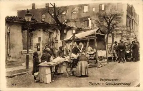 Ak Ostpreußen, Markt, Fleisch und Geflügelverkauf, Ostpreußenhilfe