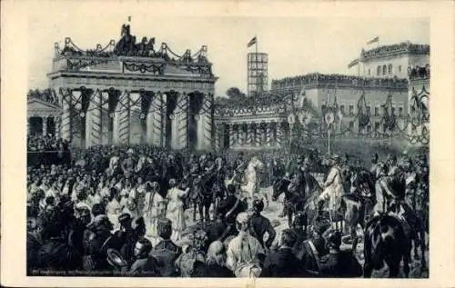 Künstler Ak Camphausen, Berlin Mitte, Einzug der Truppen, Brandenburger Tor, Rotes Kreuz