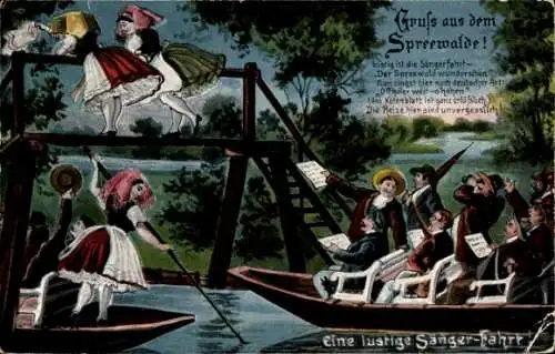 Ak Spreewald, Spreewälderin in Tracht, Gruß aus dem  Sängerfahrt, schöne Landschaft, Freude, G...