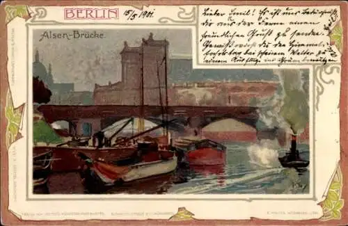 Passepartout Künstler Litho Kley, Heinrich, Berlin, Alsenbrücke