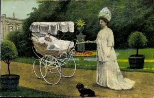 Ak Kind im Kinderwagen, Frau in weißem Kleid, Hund, Spaziergang