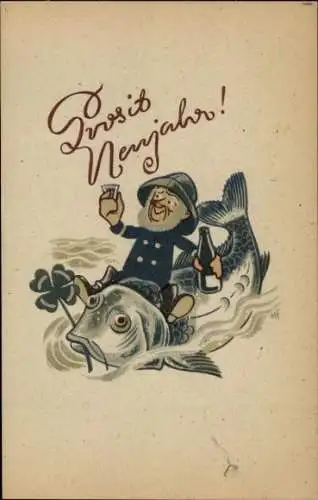 Ak Glückwunsch Neujahr, Kleeblatt, Fisch, Seemann