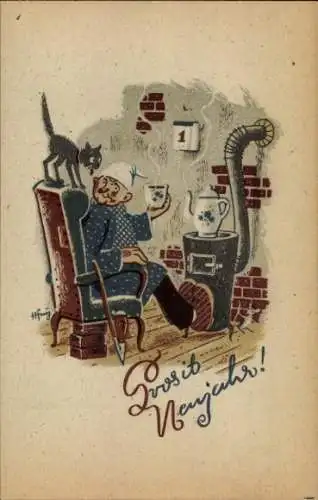 Künstler Ak Glückwunsch Neujahr, Mann mit Teetasse, Katze