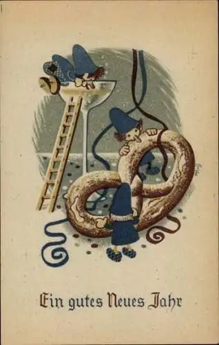 Künstler Ak Glückwunsch Neujahr, Brezel, Sektglas