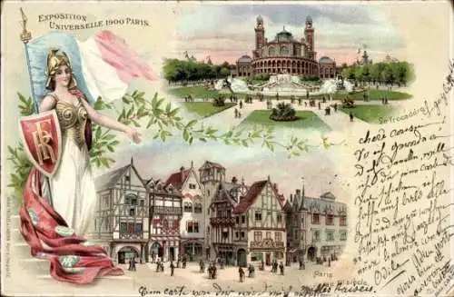 Litho Paris, Weltausstellung 1900, Platz, Kriegerin mit Schutzschild und Fahne
