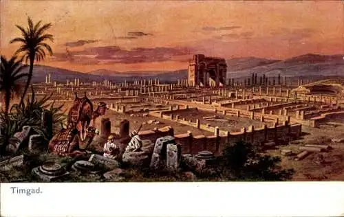 Künstler Ak Perlberg, F., Timgad Algerien, Ruinen, Beduinen, Kamel