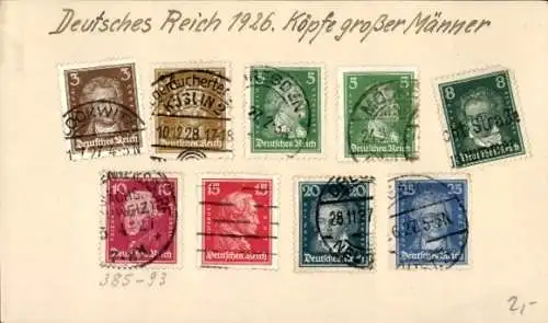 Briefmarken Ak Deutsches Reich 1926, 10 Briefmarken, Köpfe großer Männer, Zigaretten Werbung