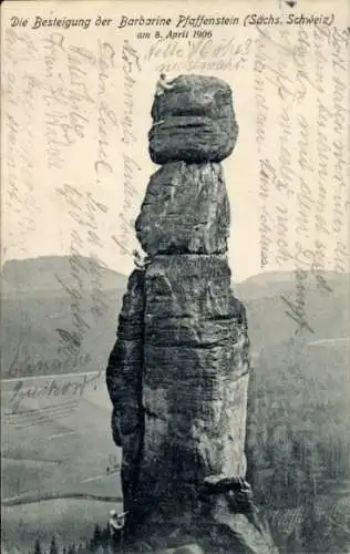 Ak Die Besteigung der Barbarine, Pfaffenstein, Sächsische Schweiz, 08. April 1906