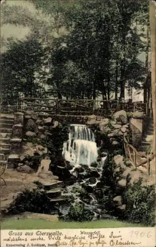 Ak Eberswalde, Forsthaus Bornemannspfuhl, Wasserfall, Waldlandschaft, Postkarte aus  1906