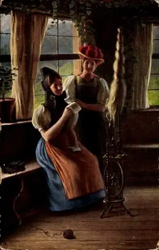 Künstler Ak Frauen, Tracht, Spinnen