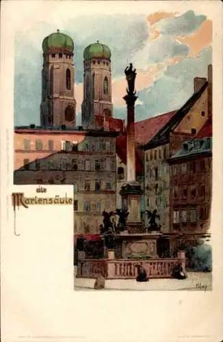 Künstler Litho Kley, Heinrich, München, Mariensäule, Frauenkirche