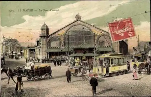 Ak Le Havre Seine Maritime, Historische Straßenbahn, Ankunftsgebäude, Menschen, Pferdefuhrwerke