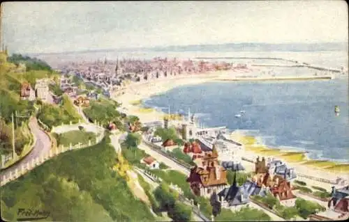 Ak Le Havre Seine Maritime, Farbenfrohes Panorama, Küstenansicht, Strandleben, Villen, maleris...